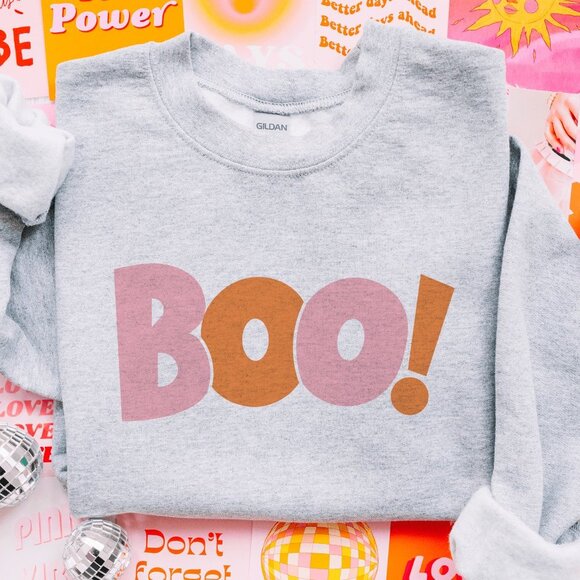 Desert Bloom Darlin Sweaters - Boo! Bubble Burst Pink and Orange Halloween Light Grey Sweatshirt